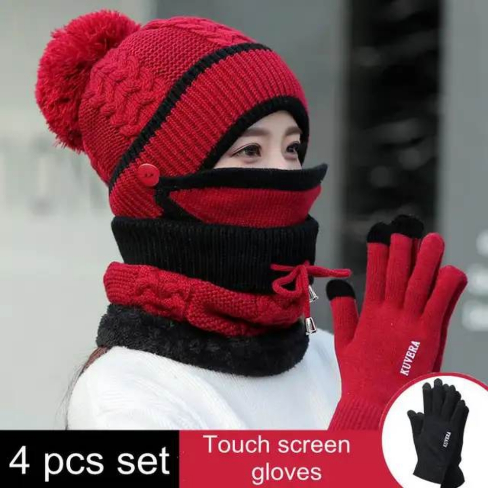 4 pieces Womens Hat Scarf face mask Touch Screen Gloves Set Red